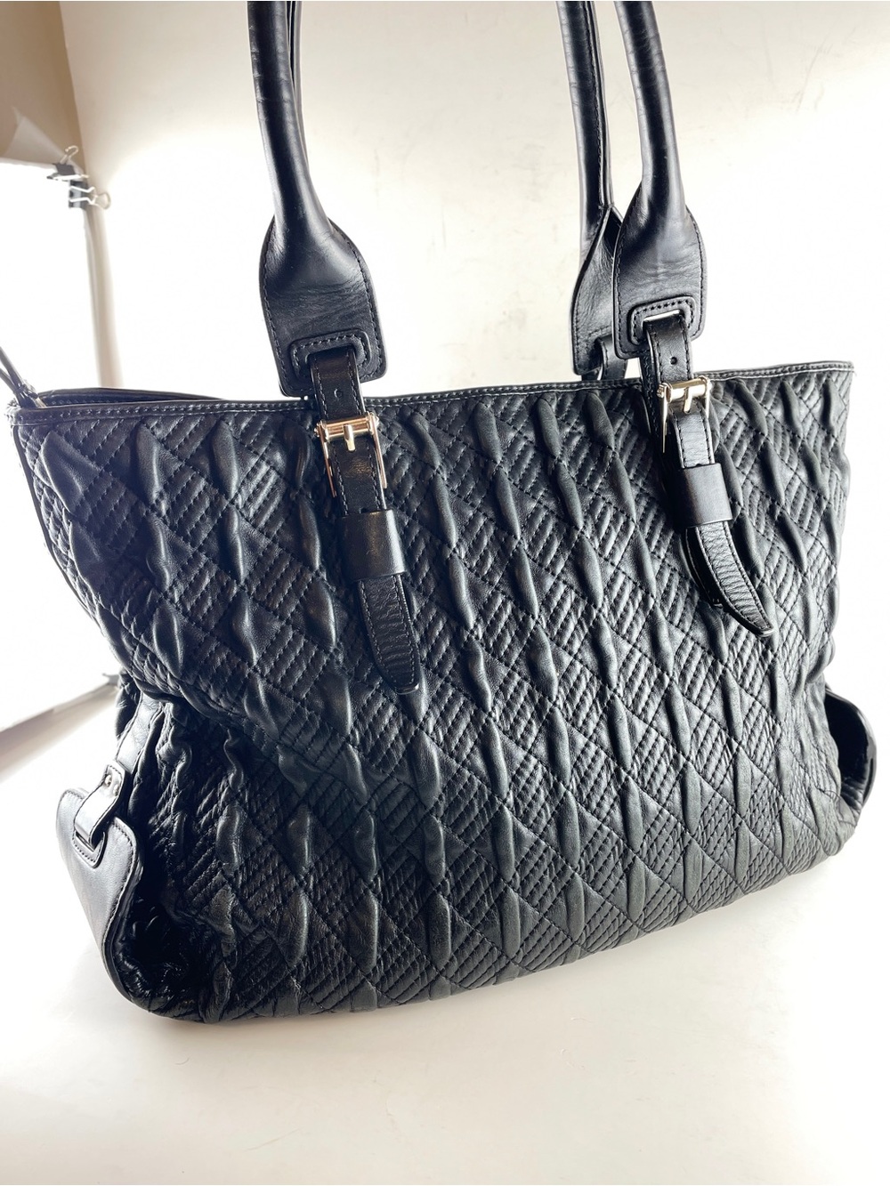 Cole Haan Black Quilted Leather Tote Bag Large Shoulder Purse